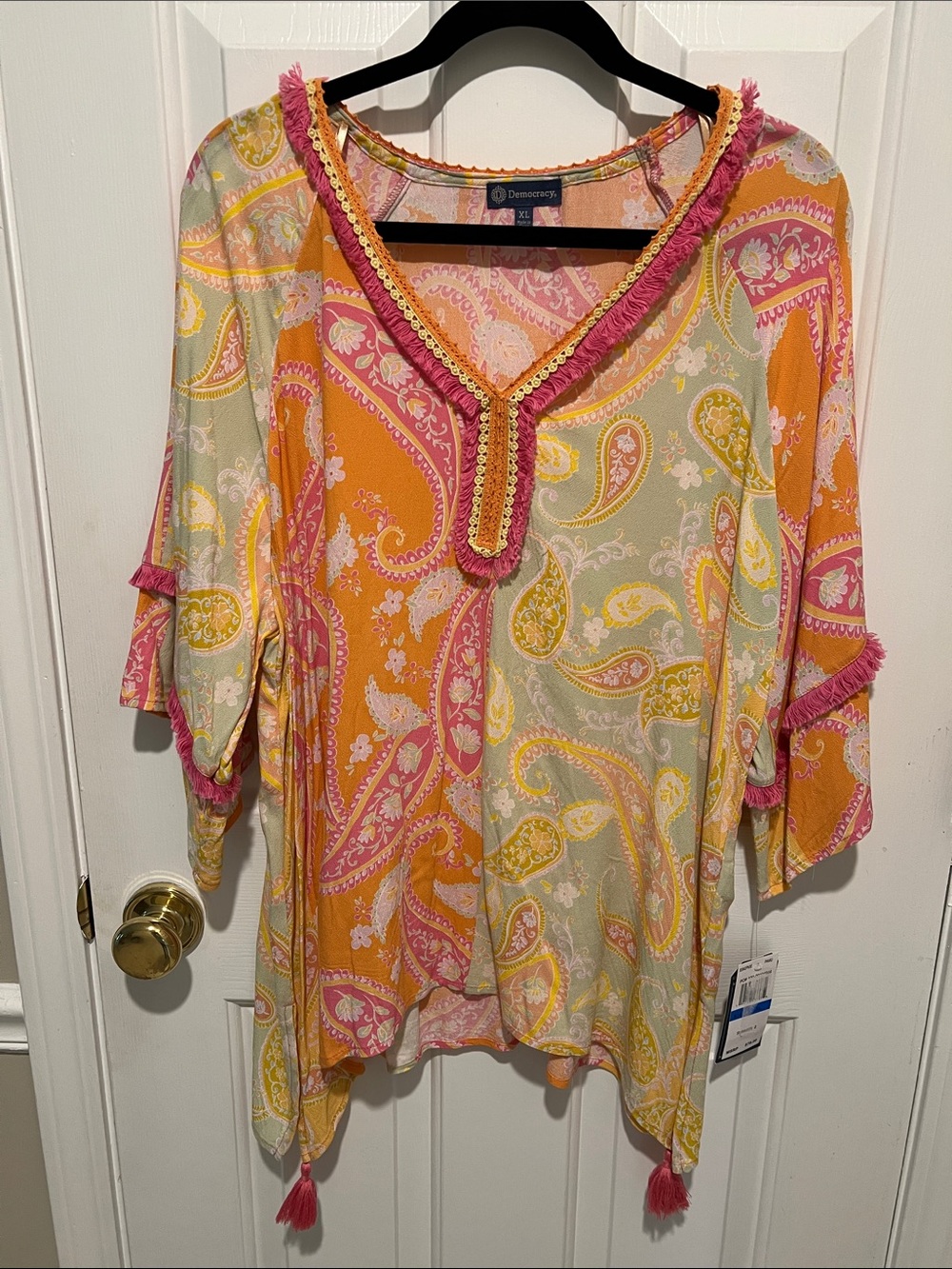 Democracy Paisley V-Neck Tassel Tunic in Pink, Orange & Yellow